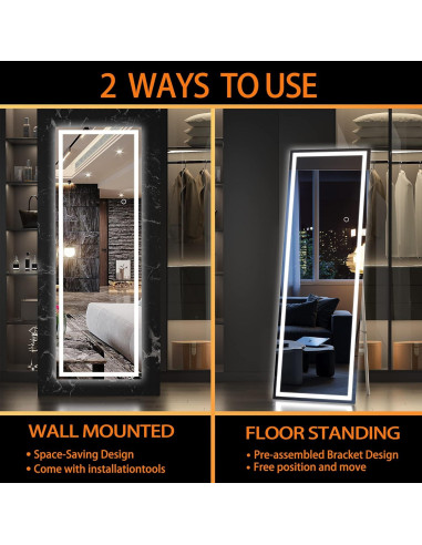 Espejo de Cuerpo Completo Hasipu LED 142.2x40.1cm Negro