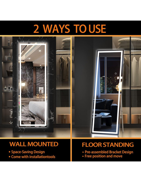 Espejo de Cuerpo Completo Hasipu LED 142.2x40.1cm Negro