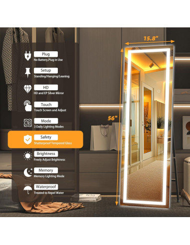 Espejo de Cuerpo Completo Hasipu LED 142.2x40.1cm Negro