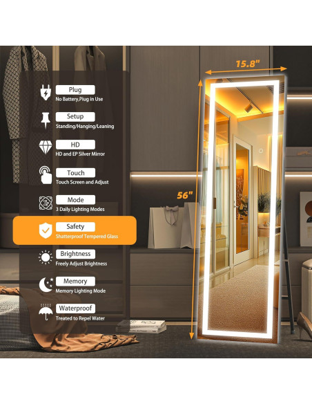 Espejo de Cuerpo Completo Hasipu LED 142.2x40.1cm Negro