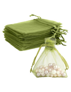 100 Bolsas de Organza Verde Militar 7.62x10.16 cm para Regalos