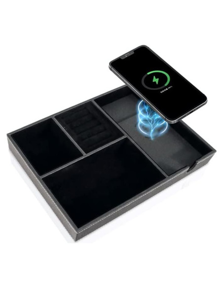 Bandeja de Joyería de Cuero SANZIE con Cargador Inalámbrico - Organizador de Mesita de Noche (Negro, Mediano)