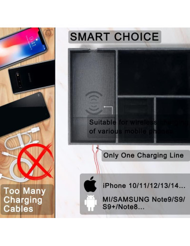 Bandeja de Joyería de Cuero SANZIE con Cargador Inalámbrico - Organizador de Mesita de Noche (Negro, Mediano)