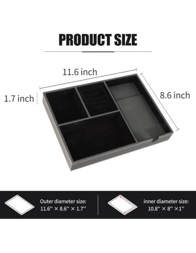 Bandeja de Joyería de Cuero SANZIE con Cargador Inalámbrico - Organizador de Mesita de Noche (Negro, Mediano)