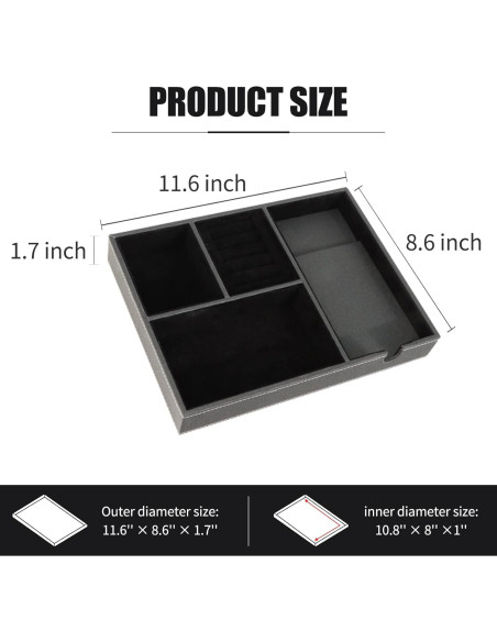 Bandeja de Joyería de Cuero SANZIE con Cargador Inalámbrico - Organizador de Mesita de Noche (Negro, Mediano)