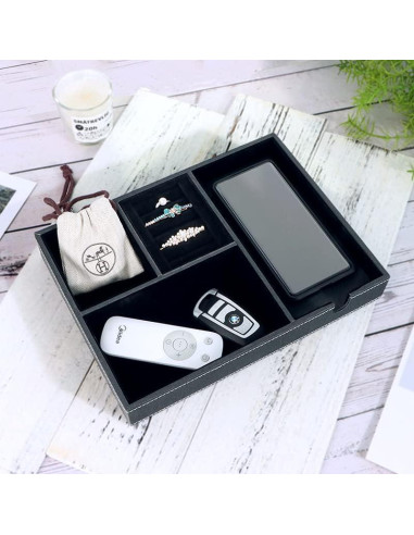 Bandeja de Joyería de Cuero SANZIE con Cargador Inalámbrico - Organizador de Mesita de Noche (Negro, Mediano)