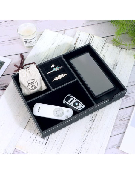 Bandeja de Joyería de Cuero SANZIE con Cargador Inalámbrico - Organizador de Mesita de Noche (Negro, Mediano)