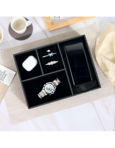 Bandeja de Joyería de Cuero SANZIE con Cargador Inalámbrico - Organizador de Mesita de Noche (Negro, Mediano)