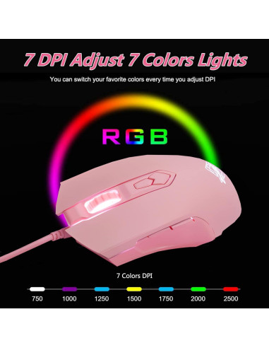Ratón Gaming RGB Lomiluskr AJ52, 7 Botones, 200-4800 DPI, Rosa