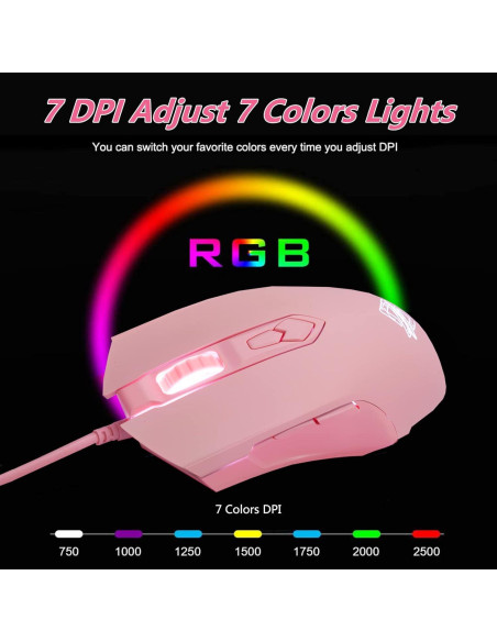 Ratón Gaming RGB Lomiluskr AJ52, 7 Botones, 200-4800 DPI, Rosa