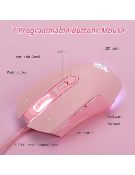 Ratón Gaming RGB Lomiluskr AJ52, 7 Botones, 200-4800 DPI, Rosa