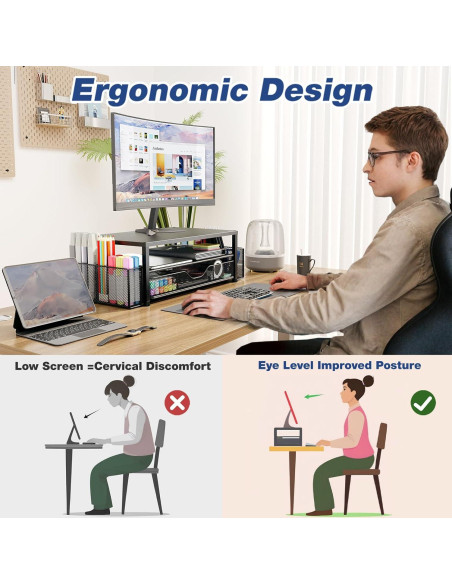 Soporte Elevador para Monitor OPNICE Negro 2 Niveles con Cajón