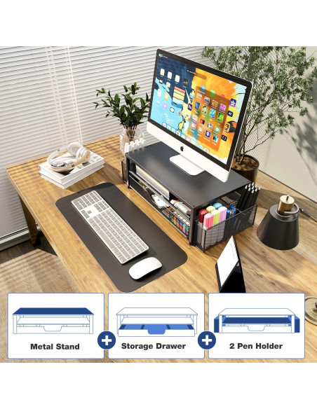 Soporte Elevador para Monitor OPNICE Negro 2 Niveles con Cajón