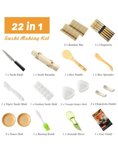 Kit de Hacer Sushi 22 en 1 Delamu con Esteras y Cuchillo