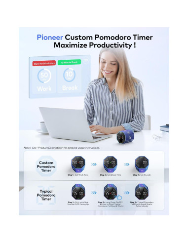 Temporizador Pomodoro Ticktime Azul, 7 Modos, Silencioso y Recargable