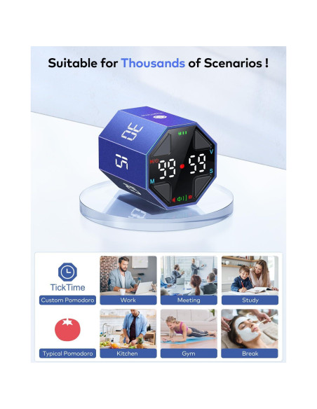 Temporizador Pomodoro Ticktime Azul, 7 Modos, Silencioso y Recargable