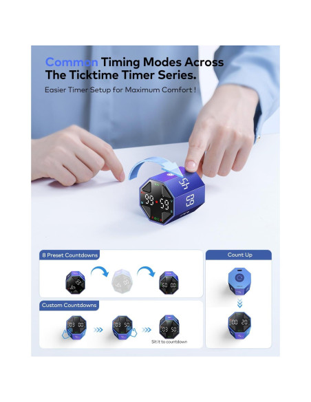 Temporizador Pomodoro Ticktime Azul, 7 Modos, Silencioso y Recargable
