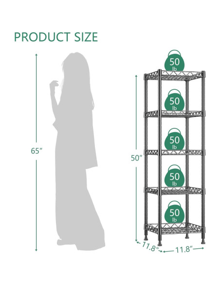 Estantería de Metal GIOTORENT 5 Niveles Ajustable 30x30x127cm Negro