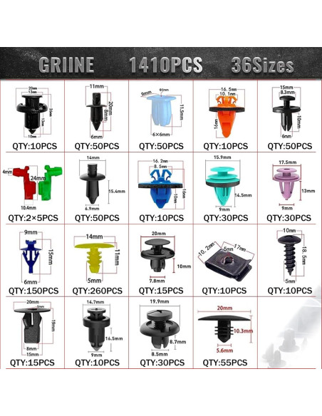 1725 Piezas Clips de Retención Automotriz Griine - 35 Tamaños