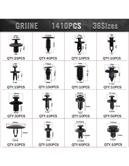 1725 Piezas Clips de Retención Automotriz Griine - 35 Tamaños