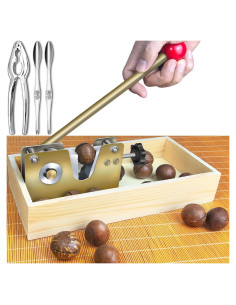 Cascar de Nueces Macadamia Artcome con Base de Madera y Tenedores