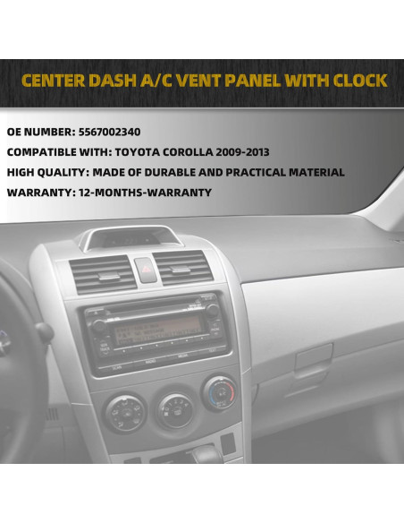 Panel de Ventilación A/C Dasbecan con Reloj para Toyota Corolla 2009-2013