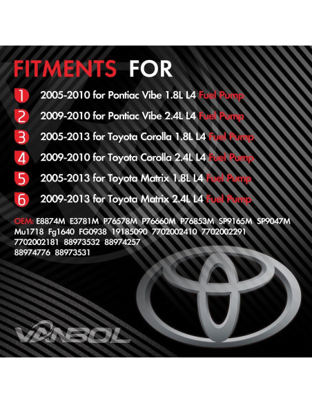 Conjunto Bomba de Combustible Eléctrica VANBOL para Toyota Corolla y Matrix