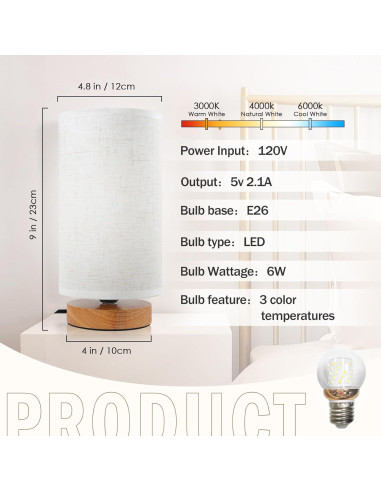 Lámpara de Mesita de Noche SEENSINY CT01 Regulable 3 Temperaturas