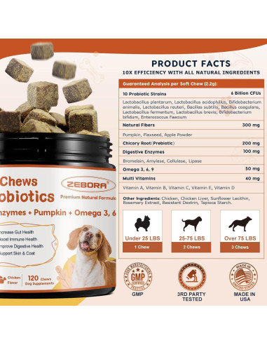 Probioticos para Perros ZEBORA 120 Masticables Salud Digestiva