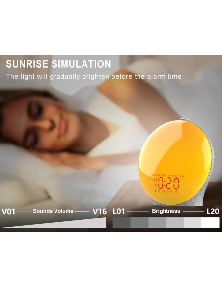 Despertador con Luz de Amanecer JALL K8 - Pantalla Completa, Alarmas Dobles, Radio FM, 14 Colores