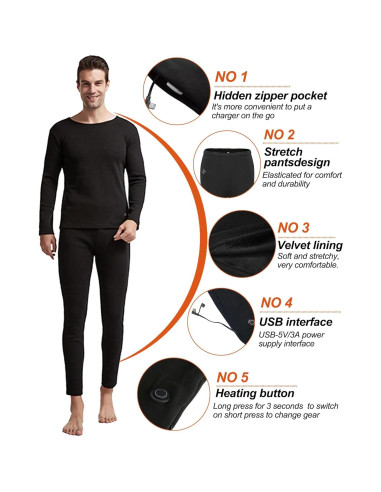 Conjunto Ropa Interior Térmica Eléctrica Hombre TRUNYAQI XXL Negro