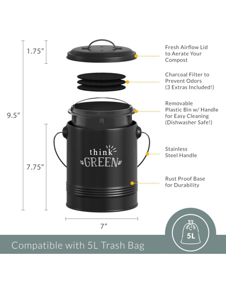 Contenedor de Compost Barnyard Designs 4.54L Negro con Filtros
