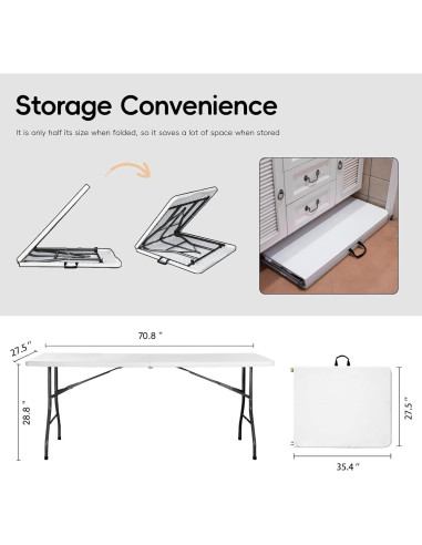 Mesa Plegable 180 cm POLLILAR Blanca para Reuniones y Fiestas