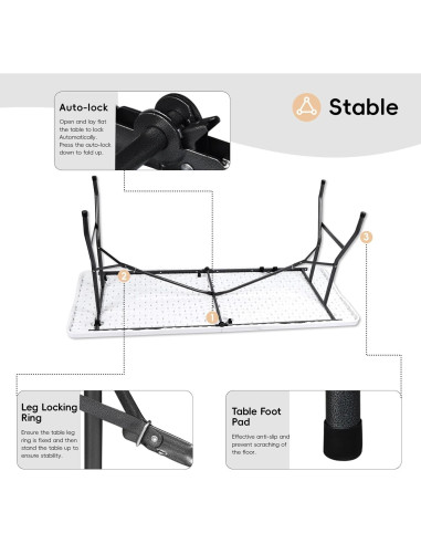 Mesa Plegable 180 cm POLLILAR Blanca para Reuniones y Fiestas