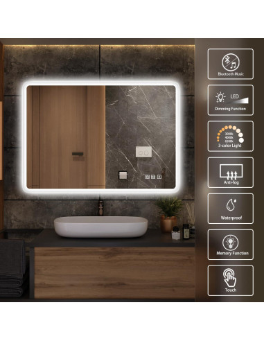 Espejo de Baño Iluminado LED S'bagno 91x61 cm Antivaho Bluetooth