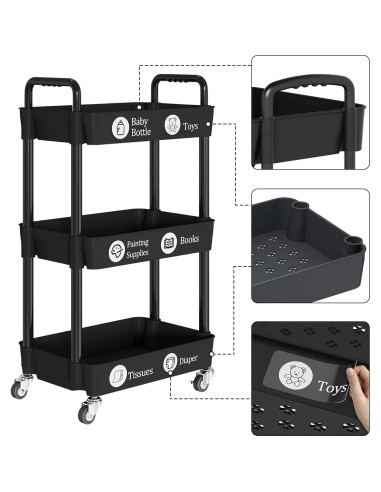 Carro de Utilidad Rodante UDEAR 3 Niveles Negro con Ruedas