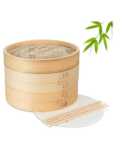 Cesta de Vapor de Bambú Flexzion 25.4 cm + 50 Forros + Palillos