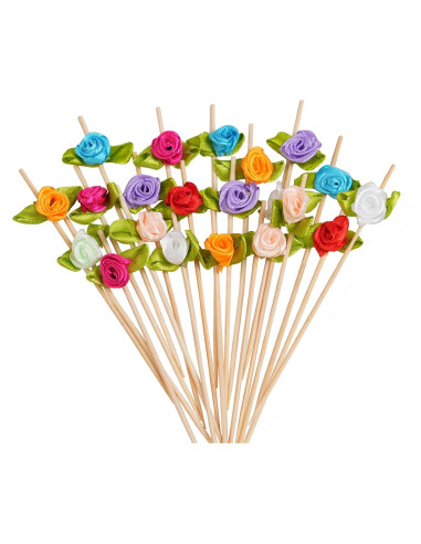 Palillos de Cóctel de Bambú con Rosa - 100 Unidades Decorativos