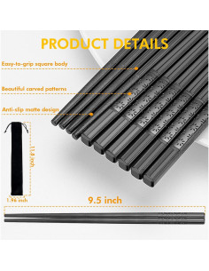 Juego de 5 pares de palillos reutilizables PTNITWO 24 cm antideslizantes 2