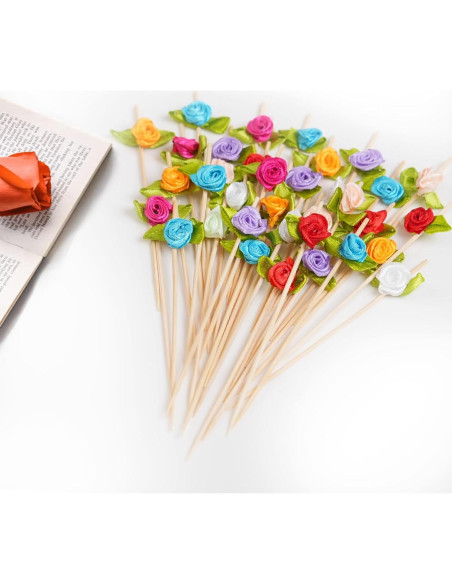 Palillos de Cóctel de Bambú con Rosa - 100 Unidades Decorativos