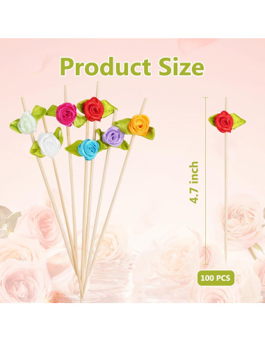 Palillos de Cóctel de Bambú con Rosa - 100 Unidades Decorativos