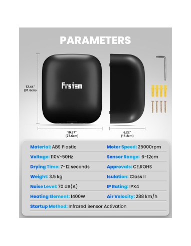 Secador de Manos Automático Frstem 1400W Negro con Sensor