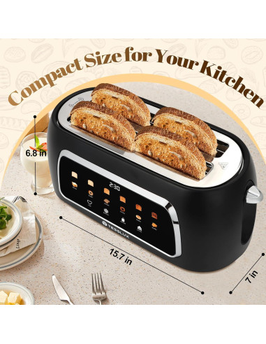 Tostadora de 4 rebanadas Tesslux con pantalla táctil negra