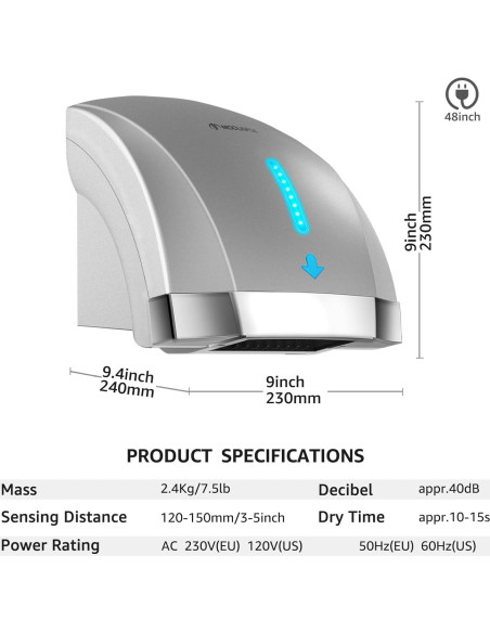Secador de Manos Eléctrico Sin Contacto Modunful 1600W Gris