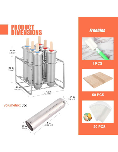 Set de 6 Moldes de Helado Acero Inoxidable ELEMONY 85ml