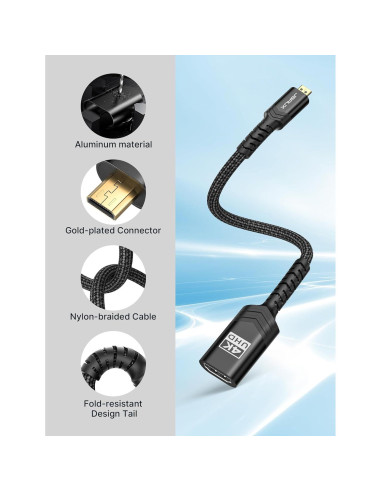 Adaptador Micro HDMI a HDMI JSAUX 4K 60Hz 18Gbps Negro