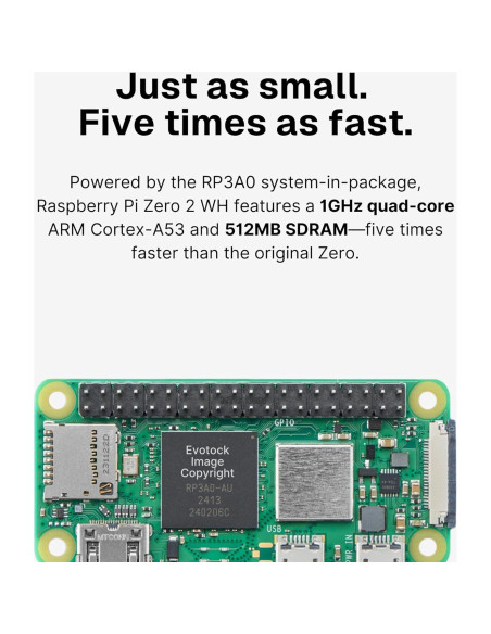 Mini Computadora Pi Zero 2 WH - 1GHz Quad-Core, 512MB RAM, Wi-Fi, Bluetooth
