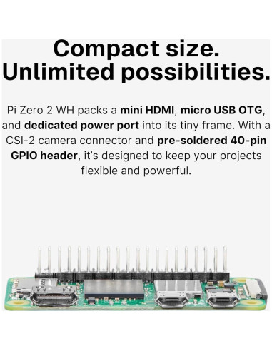 Mini Computadora Pi Zero 2 WH - 1GHz Quad-Core, 512MB RAM, Wi-Fi, Bluetooth