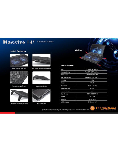 Base de Enfriamiento para Laptop Thermaltake Massive 14, 2 Ventiladores LED 140mm, Soporta 10"-17"