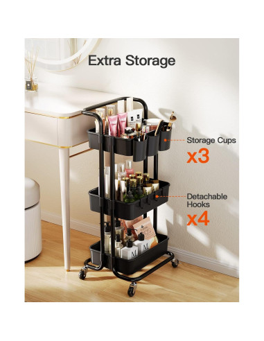 Carro Rodante Pipishell de 3 Niveles con Ruedas y Ganchos